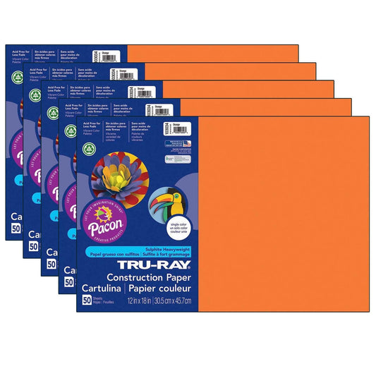 Construction Paper, Orange, 12" x 18", 50 Sheets Per Pack, 5 Packs - Loomini