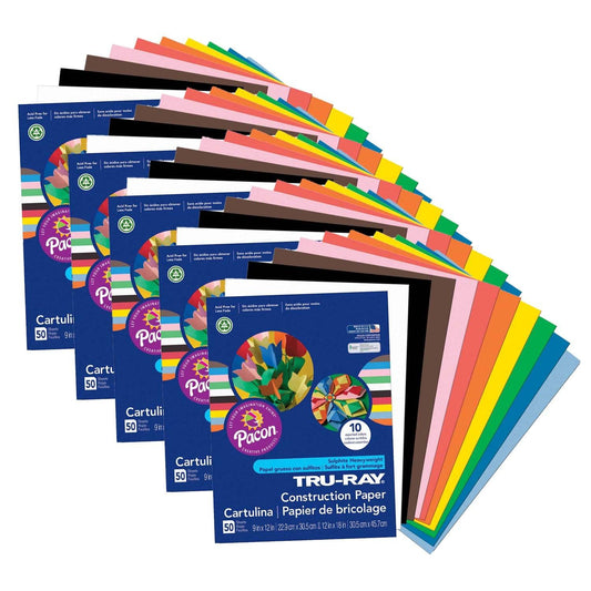 Construction Paper, Standard Assorted, 9" x 12", 50 Sheets Per Pack, 5 Packs - Loomini