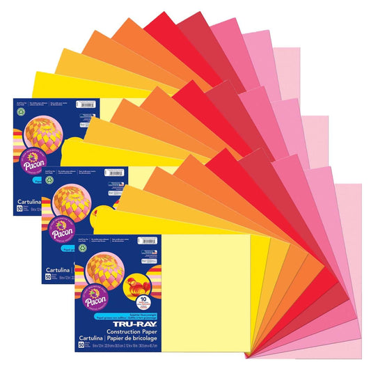 Construction Paper, Warm Assorted, 12" x 18", 50 Sheets Per Pack, 3 Packs - Loomini