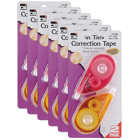 Correction Tape, Assorted Color Cases, 1/5" x 394", 2 Per Pack, 6 Packs - Loomini