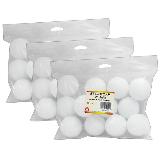Craft Foam Balls, 2 Inch, White, 12 Per Pack, 3 Packs - Loomini