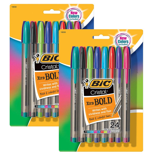 Cristal® Xtra Bold Fashion Ballpoint Pen, Medium Point (1.6mm), Assorted Colors, 24 Per Pack, 2 Packs - Loomini