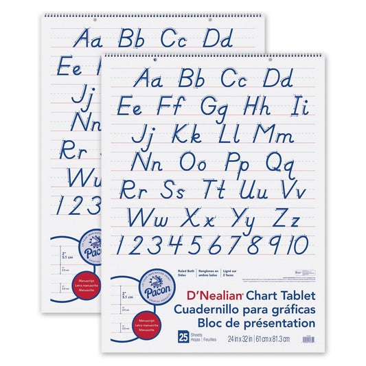 D'Nealian Chart Tablet, Manuscript Cover, 2" Ruled 24" x 32", 25 Sheets, Pack of 2 - Loomini