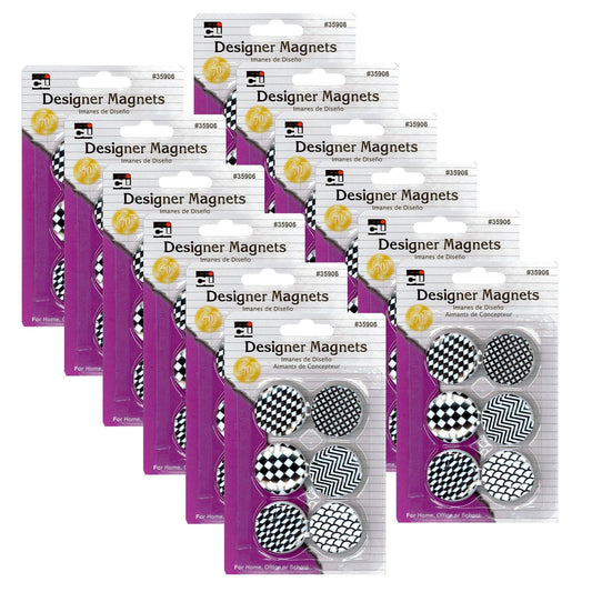 Designer Button Style Magnets, Super Strong - Assorted Black & White Designs, 6 Per Pack, 12 Packs - Loomini