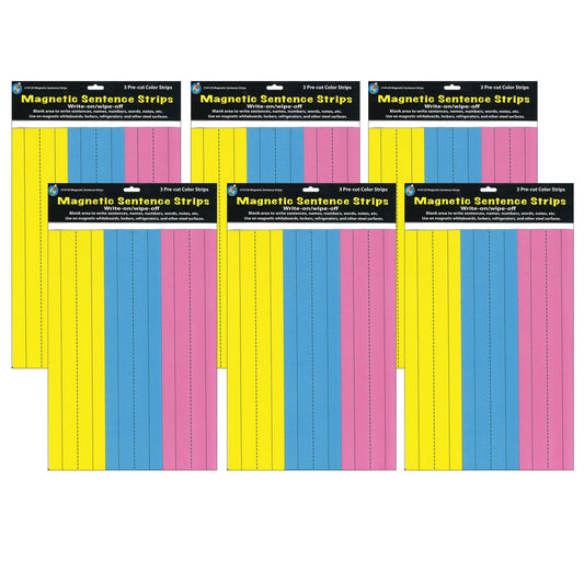 Die-Cut Magnetic Pink/Blue/Yellow Sentence Strips, 2.75" x 11", 3 Per Pack, 6 Packs - Loomini