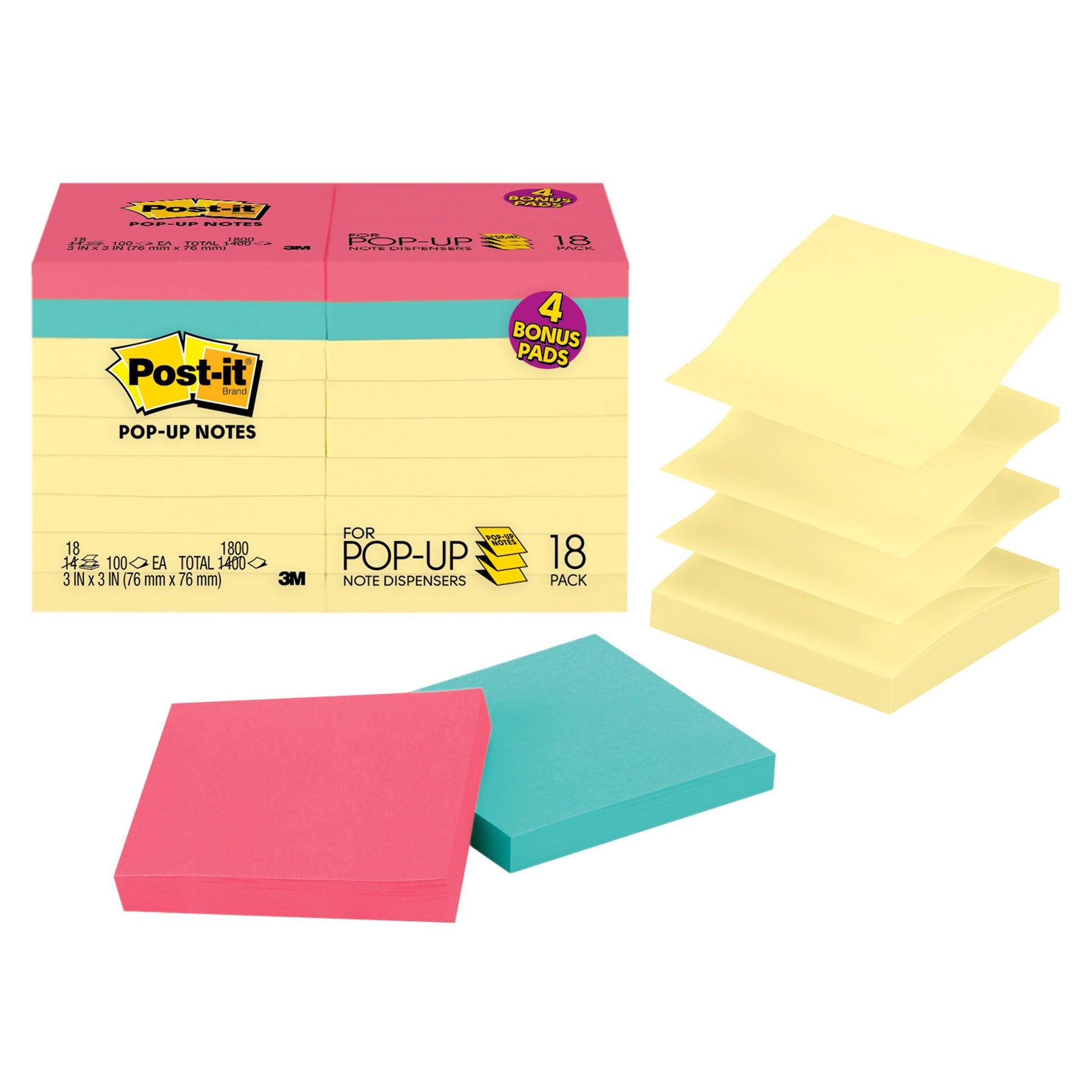 Dispenser Pop-up Notes Value Pack, 3 in x 3 in, Canary Yellow + Assorted, 14 Pads/Pack - Loomini