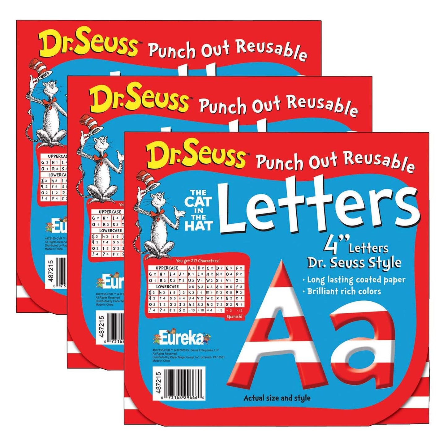 Dr. Seuss™ Stripes Reusable Punch Out Deco Letters, 4", 217 Pieces Per Pack, 3 Packs - Loomini