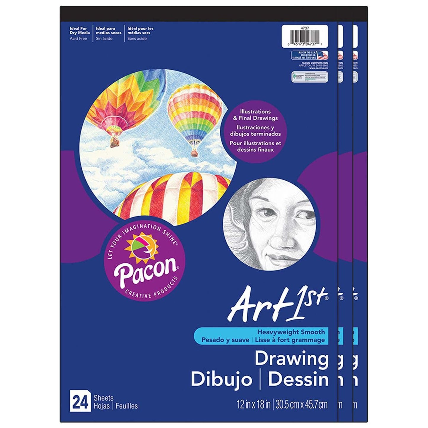 Drawing Paper Pad, Heavyweight, 12" x 18", 24 Sheets, Pack of 3 - Loomini