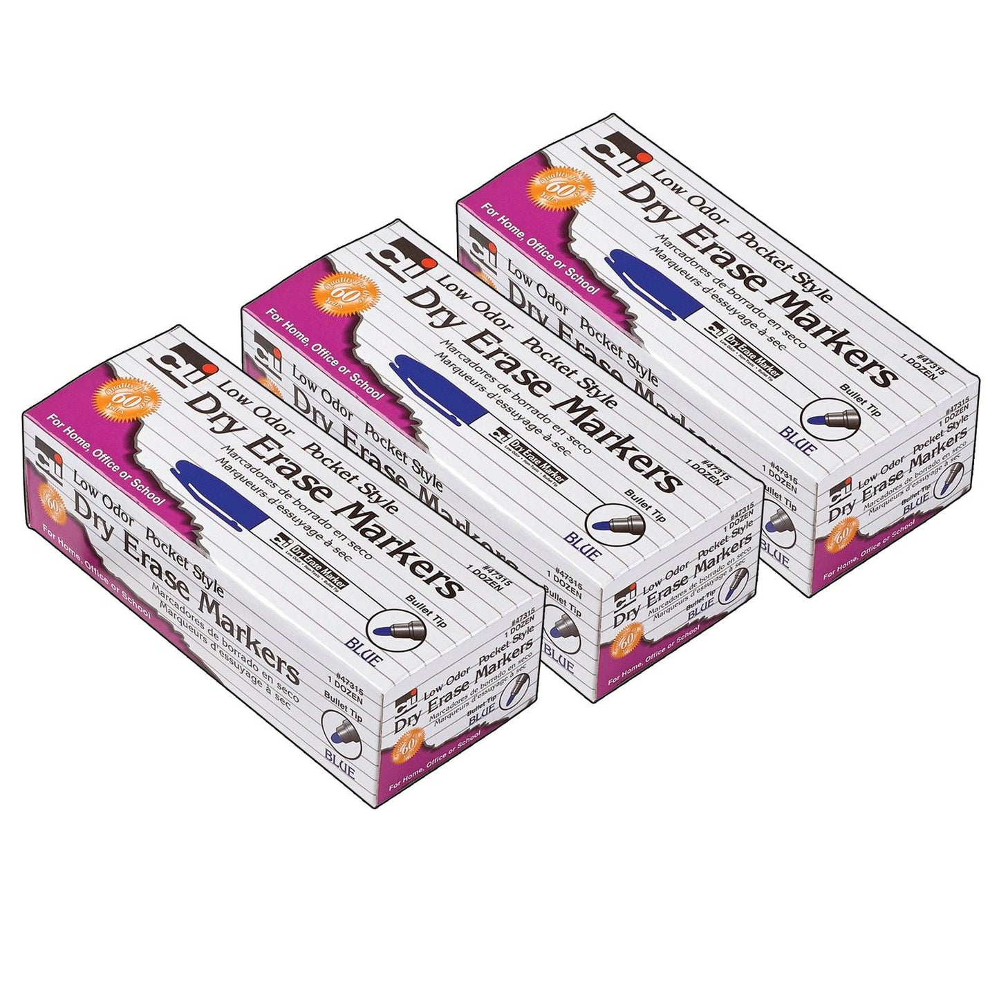Dry Erase Markers, Low Odor, Pocket Style, Bullet Tip, Blue, 12 Per Box, 3 Boxes - Loomini