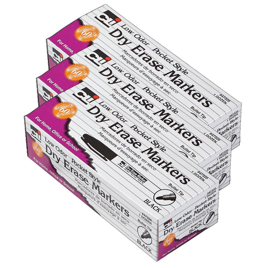Dry Erase Markers, Pocket Style, Bullet Tip, Black, 12 Per Pack, 3 Packs - Loomini