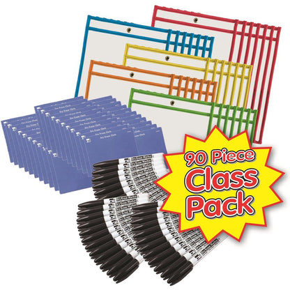 Dry Erase Pocket Class Pack, Dry Erase Pockets, Dry Erase Cloths and Dry Erase Markers, Pocket Style w/Bullet Tip, Black, 90 Pieces - Loomini