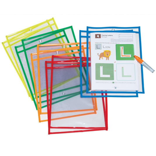 Dry Erase Pockets, 5 Assorted Bright Colors, 10" x 13-1/2", 10 Pockets - Loomini