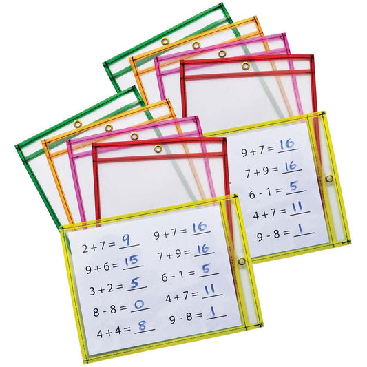 Dry Erase Pockets, 5 Assorted Neon Colors, 9" x 12", 10 Pockets Per Pack, 2 Packs - Loomini