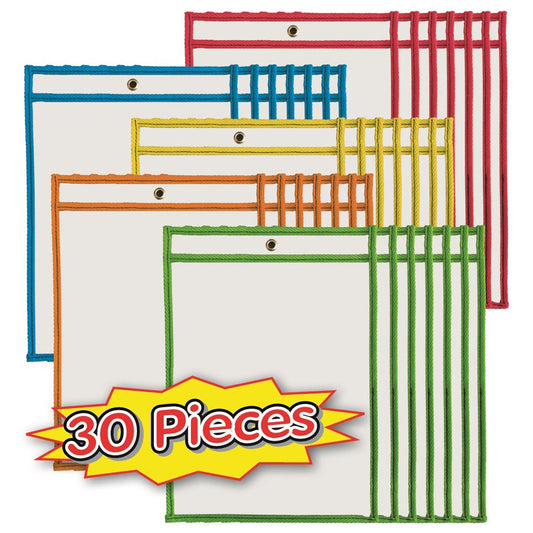 Dry Erase Pockets, 9" x 12", Assorted Colors, Set of 30 - Loomini