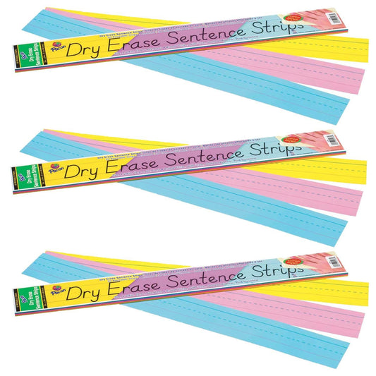 Dry Erase Sentence Strips, 3 Assorted Colors, 1-1/2" X 3/4" Ruled, 3" x 24", 30 Per Pack, 3 Packs - Loomini