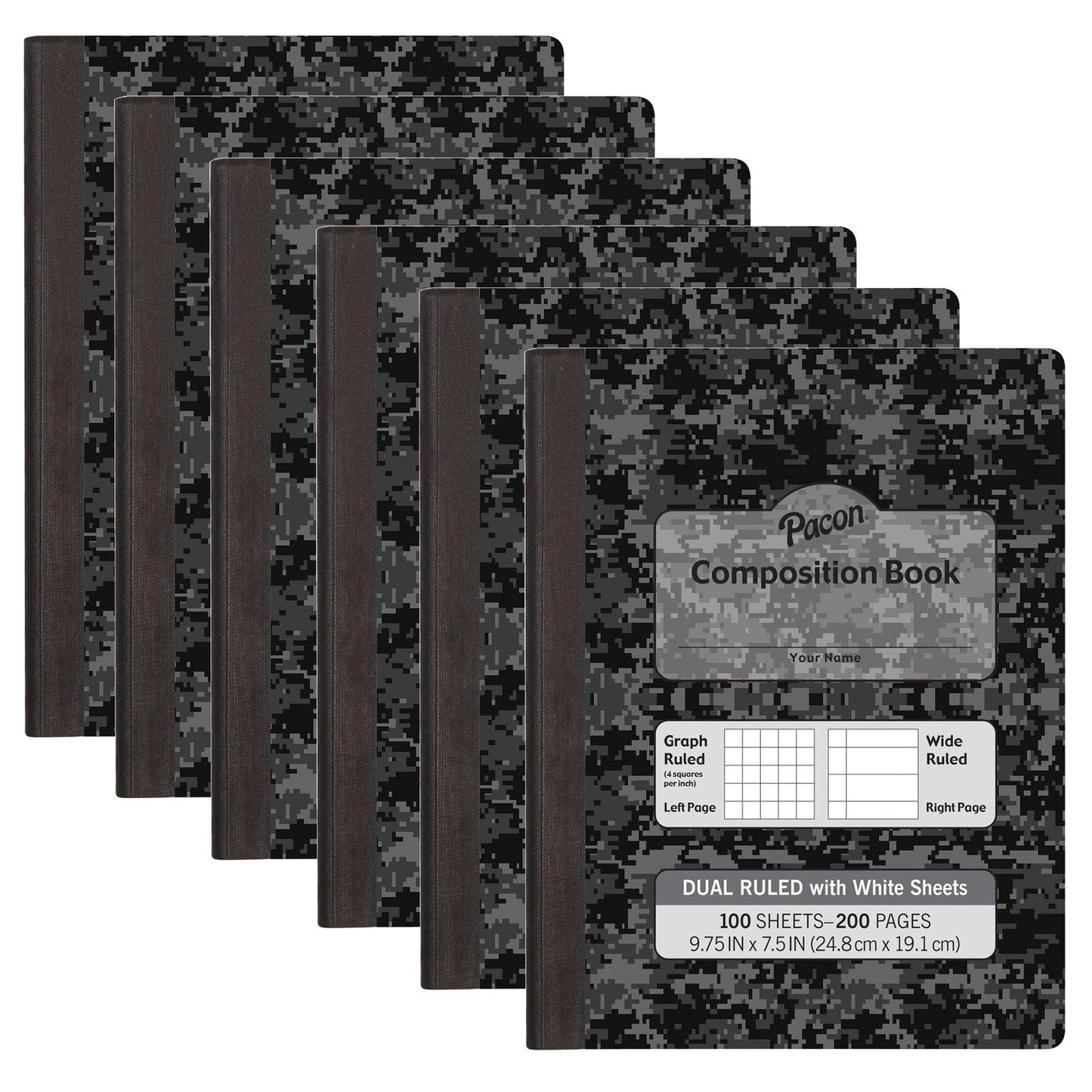 Dual Ruled Composition Book, Dark Gray Marble, 1/4" Grid & 3/8" Wide Ruled, 9-3/4" x 7-1/2", 100 Sheets, Pack of 6 - Loomini