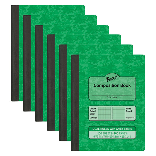 Dual Ruled Composition Book, Green, 1/4 in grid and 3/8 in (wide) 9-3/4" x 7-1/2", 100 Sheets, Pack of 6 - Loomini