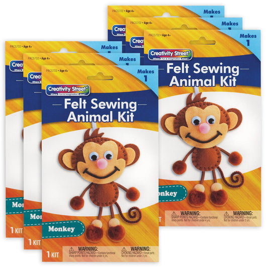 Felt Sewing Animal Kit, Monkey, 6.5" x 10.5" x 1", 6 Kits - Loomini