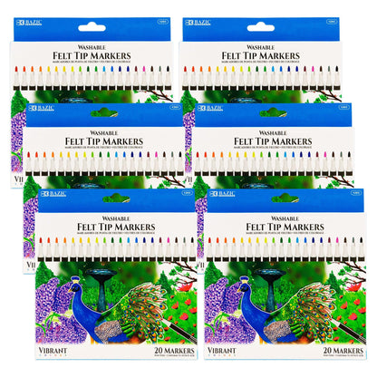 Felt Tip Washable Markers, 20 Colors, 20 Per pack, 6 Packs - Loomini
