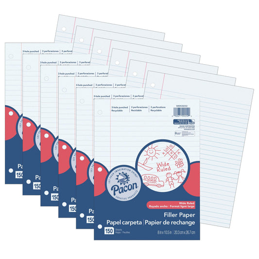 Filler Paper, White, 3-Hole Punched, Red Margin, 3/8" Ruled, 8" x 10-1/2", 150 Sheets Per Pack, 6 Packs - Loomini