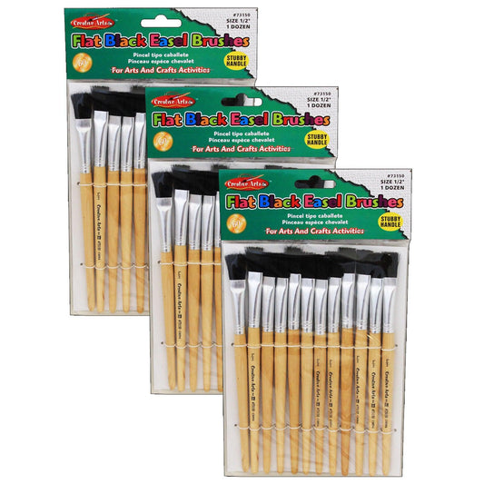 Flat Tip Easel Paint Brushes, Short Stubby Handle, 0.50 Inch, Natural Handles, Black Bristles, 12 Per Pack, 3 Packs - Loomini