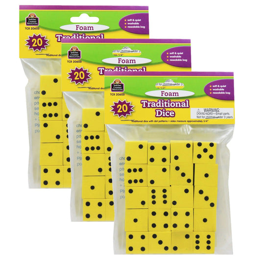 Foam Traditional Dice, 0.75", 20 Per Pack, 3 packs - Loomini