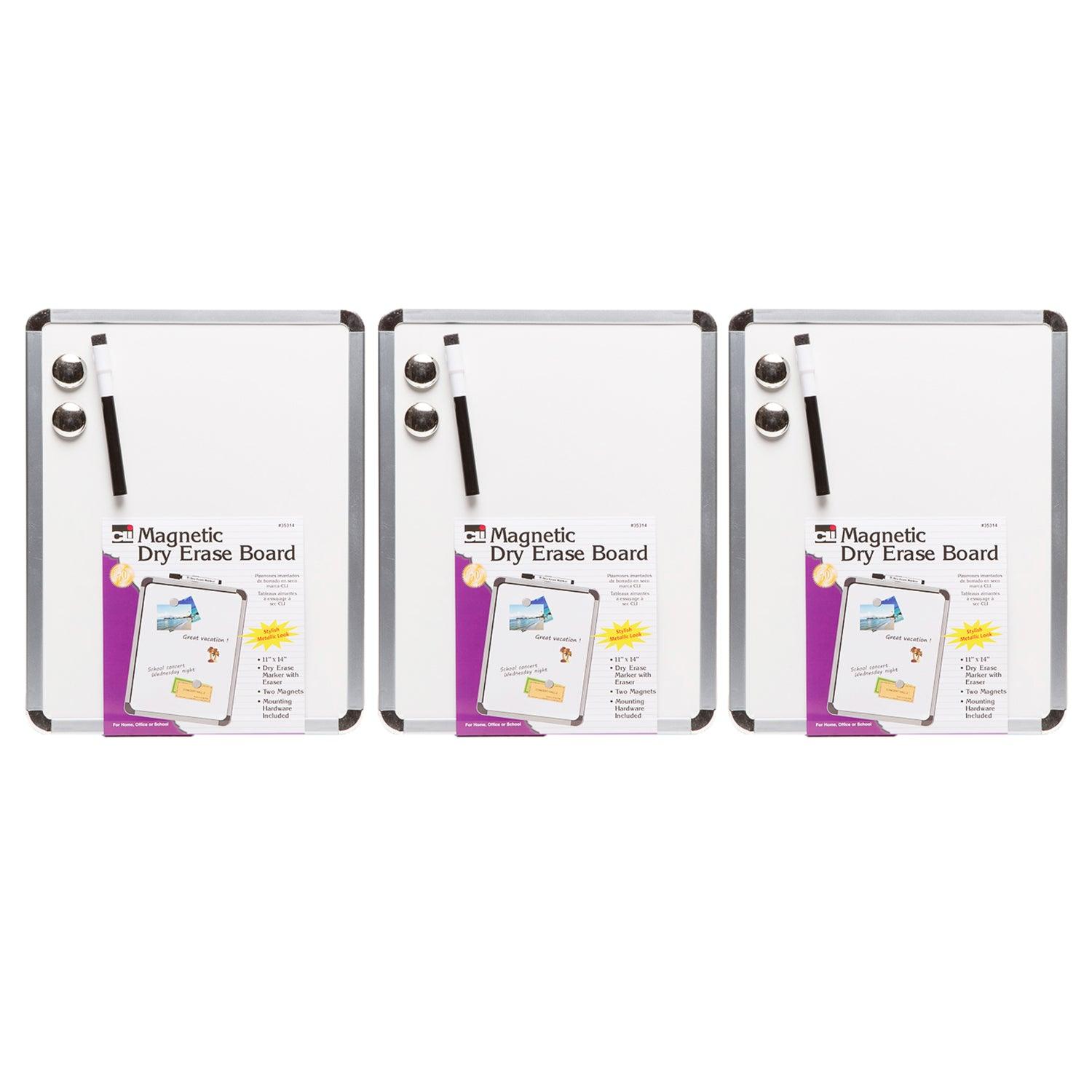 Framed Magnetic Dry Erase Board with Marker & Magnets, Silver Frame, 11" x 14", Pack of 3 - Loomini