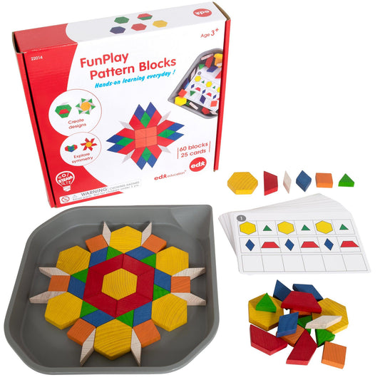 FunPlay Pattern Blocks - Set of 60 Wooden Math Manipulatives + 50 Activities + Messy Tray - Loomini