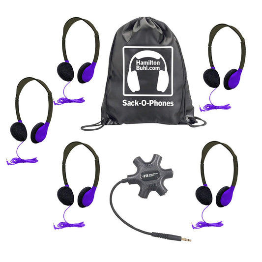 Galaxy™ Econo-Line of Sack-O-Phones with 5 Purple Personal-Sized Headphones, Starfish Jackbox and Carry Bag - Loomini