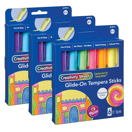 Glide-On Tempera Paint Sticks, Fluorescent Colors, 5 grams, 6 Per Pack, 3 Packs - Loomini