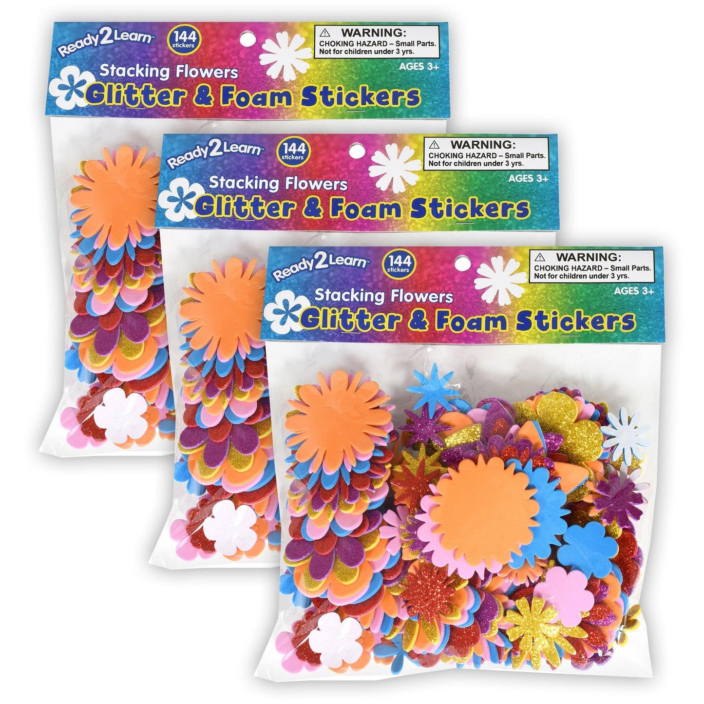 Glitter and Foam Stickers - Stacking Flowers - 144 Per Pack - 3 Packs - Loomini