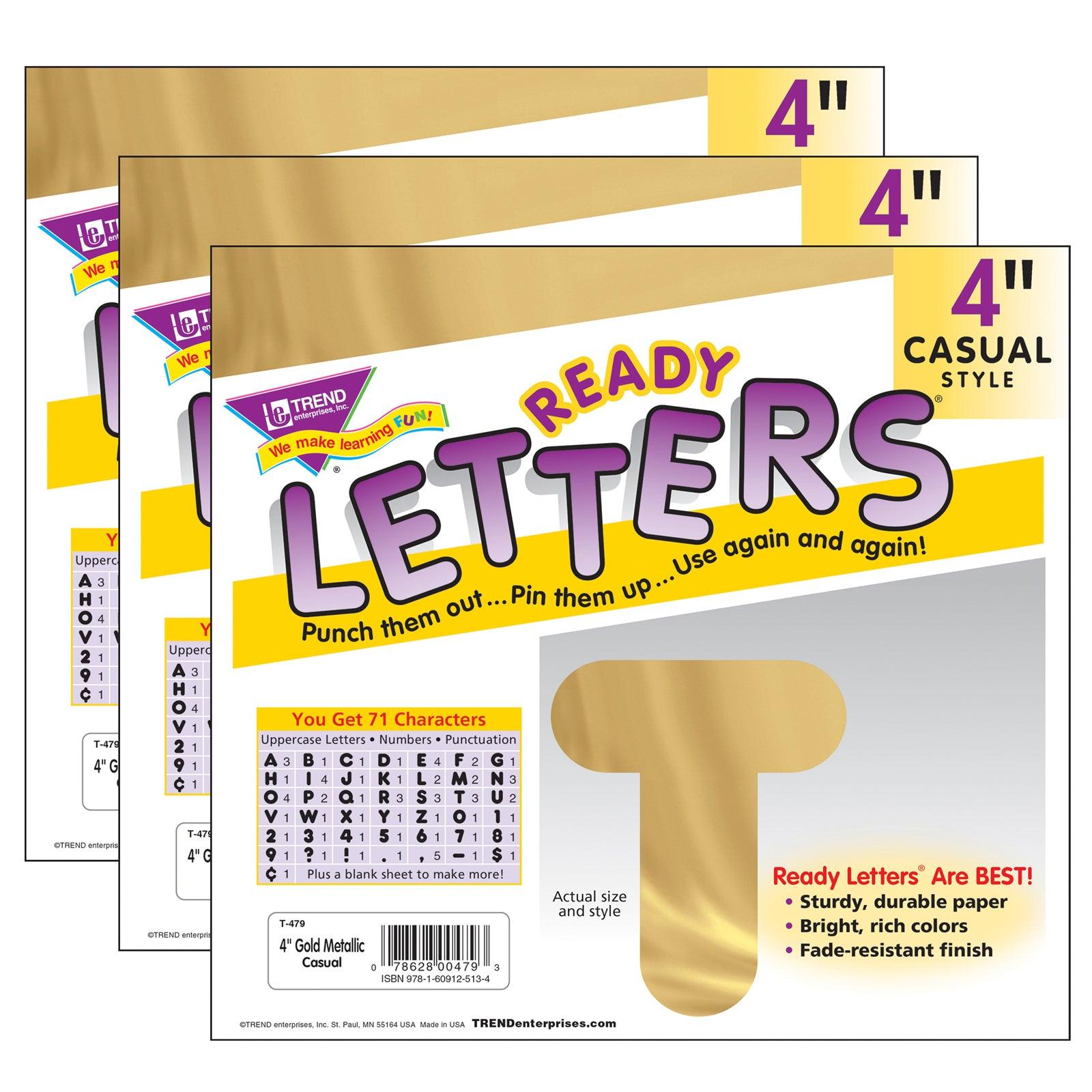 Gold Metallic 4" Casual Uppercase Ready Letters®, 71 Per Pack, 3 Packs - Loomini