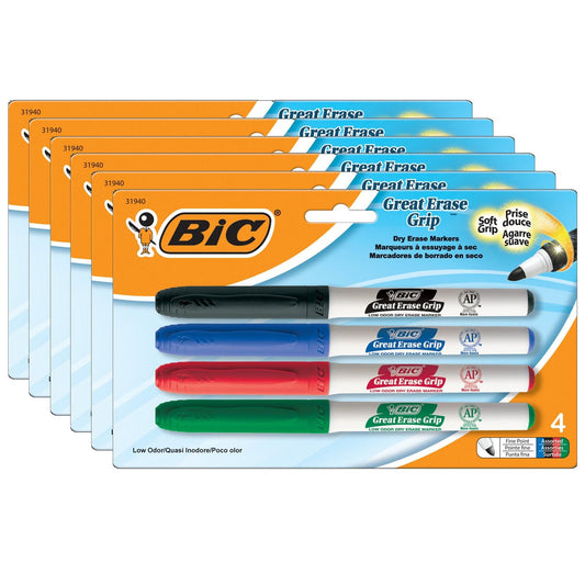 Great Erase® Low Odor Dry Erase Markers, Fine Point, Assorted Colors, 4 Per Pack, 6 Packs - Loomini