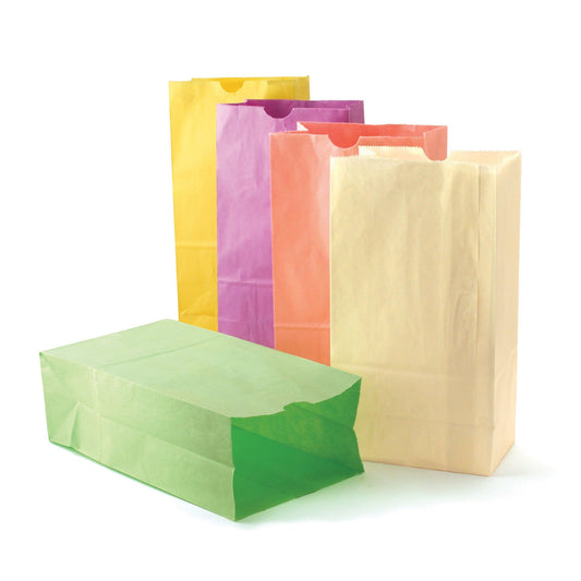 Gusseted Flat Bottom Paper Bags, Size #6, Pastel Assorted Colors, 28 Per Pack, 3 Packs - Loomini