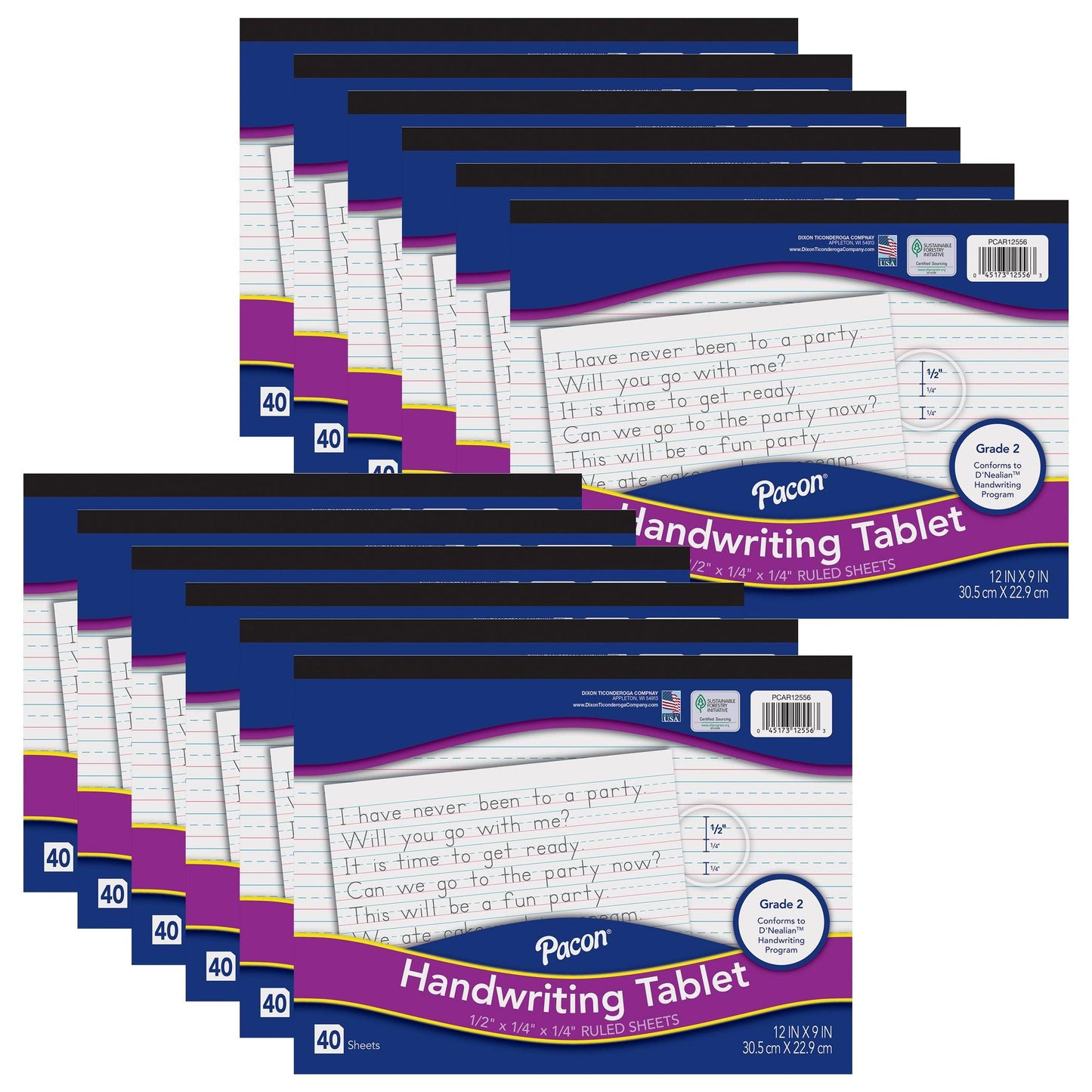 Handwriting Tablet, White, 1/2 in x 1/4 in x 1/4 in Ruled Long, 12" x 9", 40 Sheets, Pack of 12 - Loomini