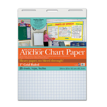 Heavy Duty Anchor Chart Paper, Non-Adhesive, White, 1" Grid Ruled 24" x 32", 25 Sheets - Loomini