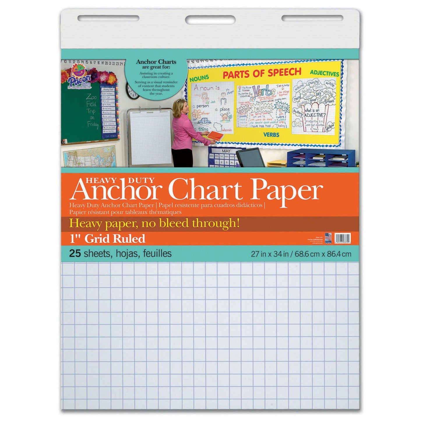 Heavy Duty Anchor Chart Paper, Non-Adhesive, White, 1" Grid Ruled 27" x 34", 25 Sheets - Loomini