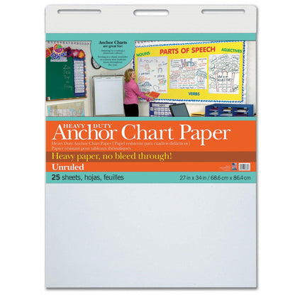 Heavy Duty Anchor Chart Paper, Non-Adhesive, White, Unruled 27" x 34", 25 Sheets - Loomini