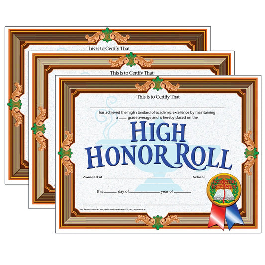 High Honor Roll Certificate, 8.5" x 11", 30 Per Pack, 3 Packs - Loomini