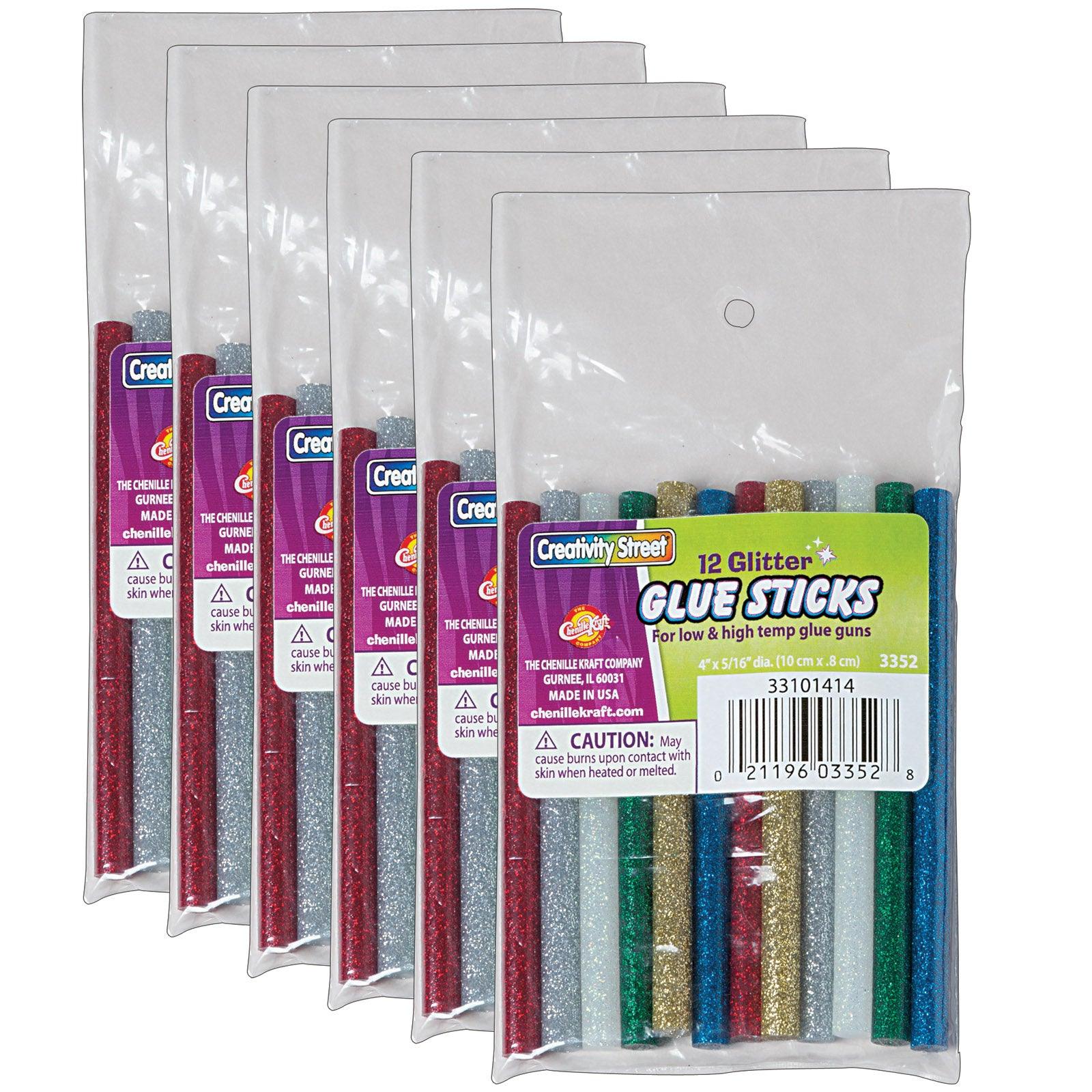 Hot Glue Sticks, 6 Assorted Glitter Colors, 4" x 0.31", 12 Per Pack, 6 Packs - Loomini