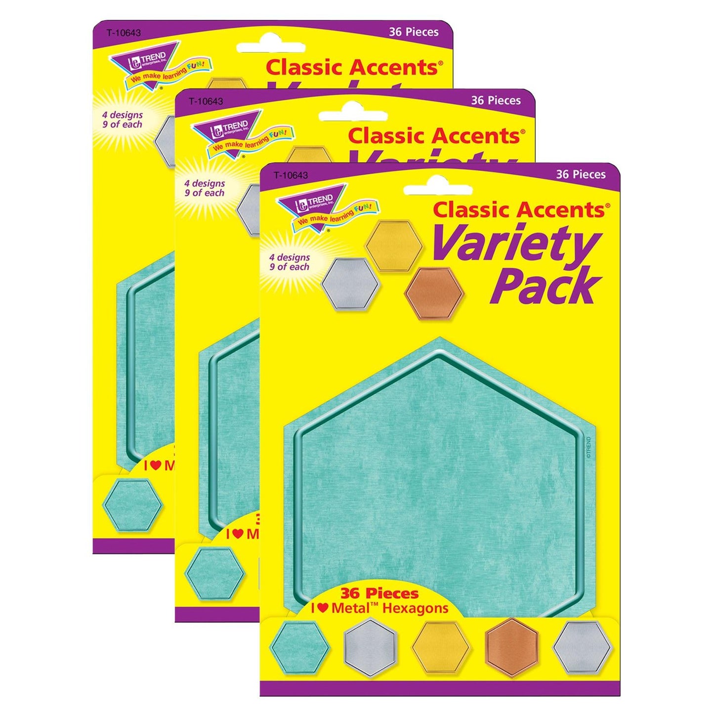 I ♥ Metal™ Hexagons Classic Accents® Variety Pack, 36 Per Pack, 3 Packs - Loomini