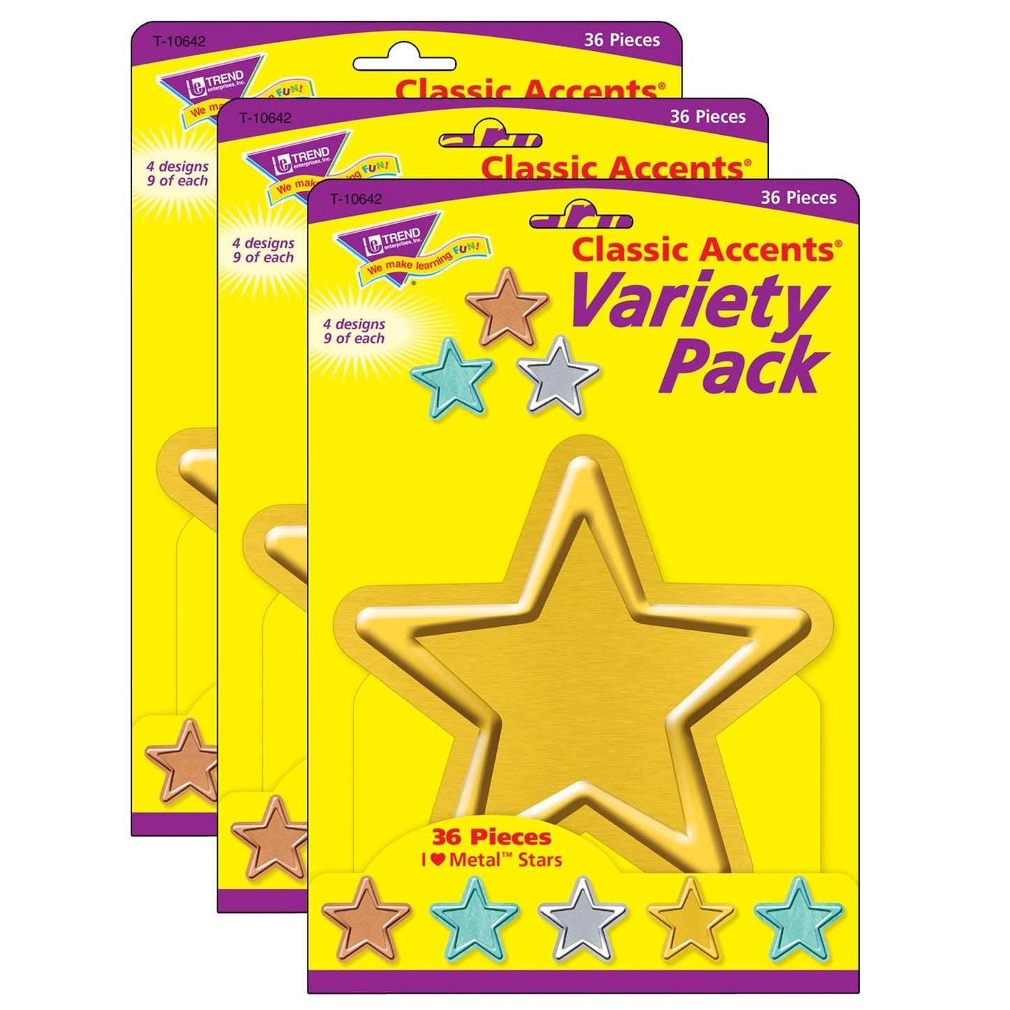 I ♥ Metal™ Stars Classic Accents® Variety Pack, 36 Per Pack, 3 Packs - Loomini