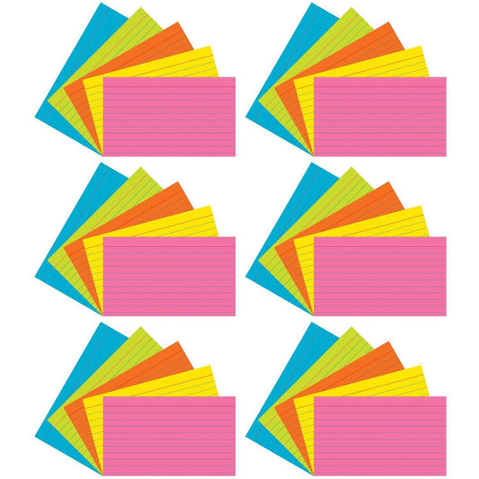 Index Cards, 5 Super Bright Assorted Colors, 0.25" Ruled, 3" x 5", 75 Cards Per Pack, 6 Packs - Loomini