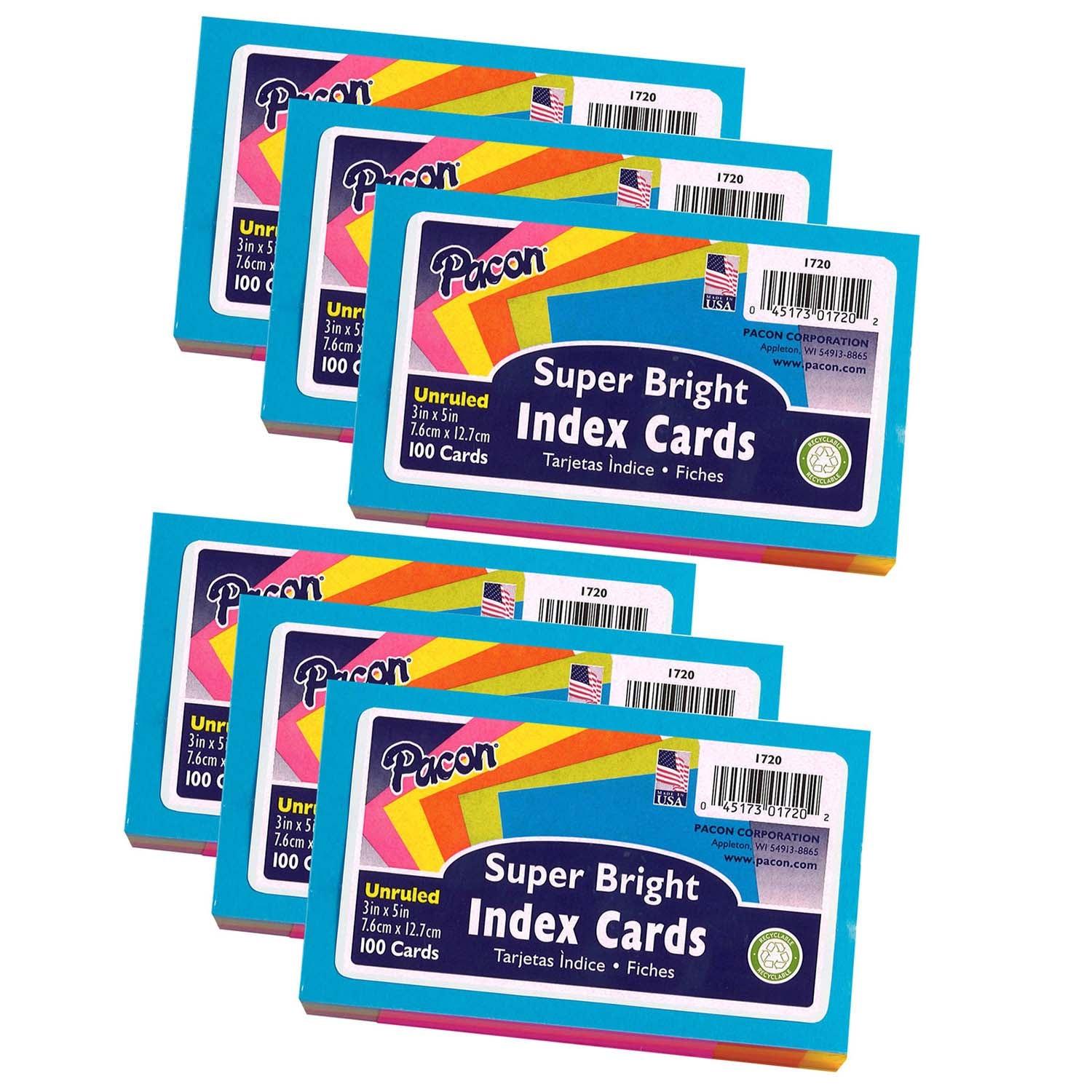 Index Cards, 5 Super Bright Assorted Colors, Unruled, 3" x 5", 100 Cards Per Pack, 6 Packs - Loomini