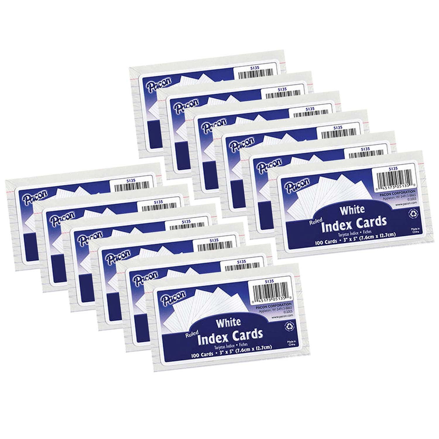 Index Cards, White, Ruled, 1/4" Ruled 3" x 5", 100 Per Pack, 12 Packs - Loomini