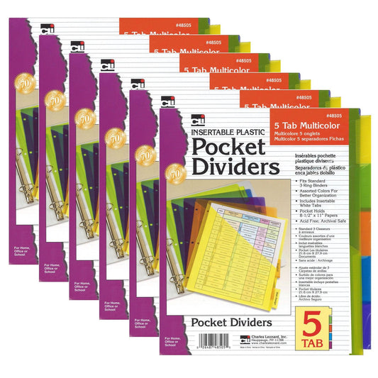 Index Dividers with Pockets, 5-Tab, Assorted Colors, 5/Pack, 6 Packs - Loomini