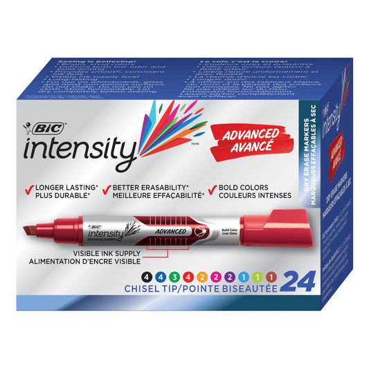 Intensity Advanced Dry Erase Marker, Tank Style, Chisel Tip, Assorted Colors, Pack of 24 - Loomini