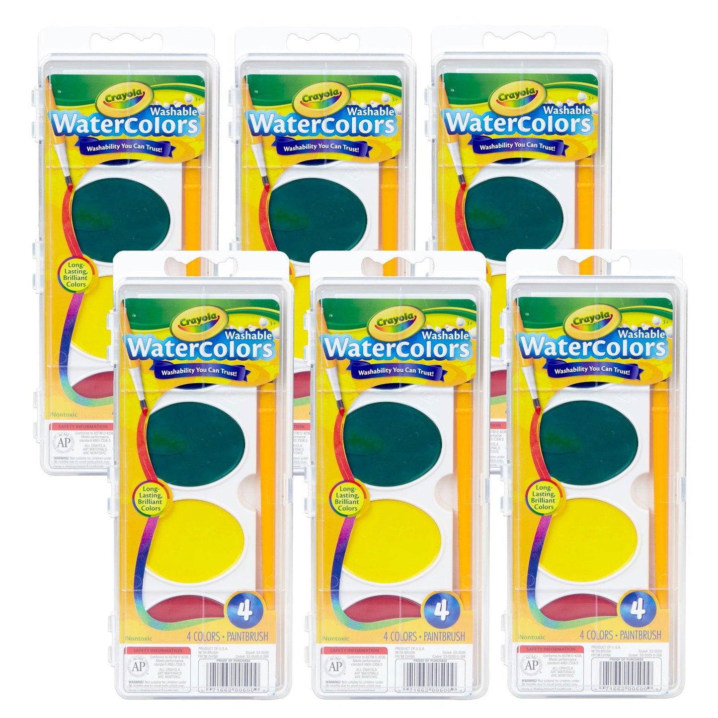 Jumbo Washable Watercolor Set, 4 colors, Pack of 6 - Loomini