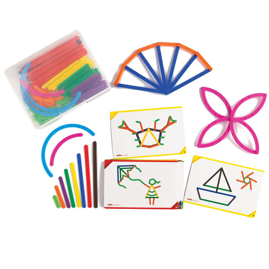Junior GeoStix - 200 Multicolored Construction Toy Sticks - 30 Double-Sided Activity Cards - Loomini