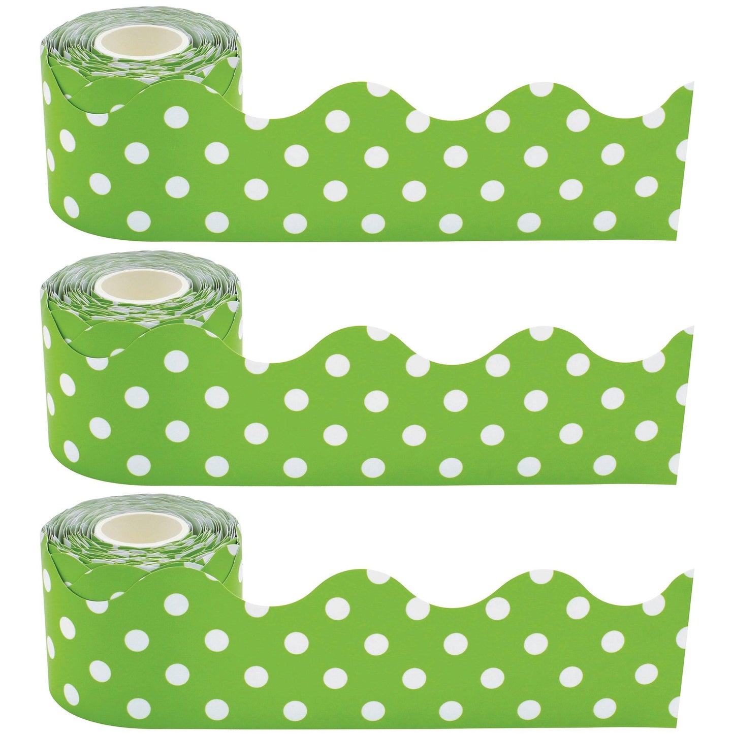 Lime Polka Dots Scalloped Rolled Border Trim, 50 Feet Per Roll, Pack of 3 - Loomini